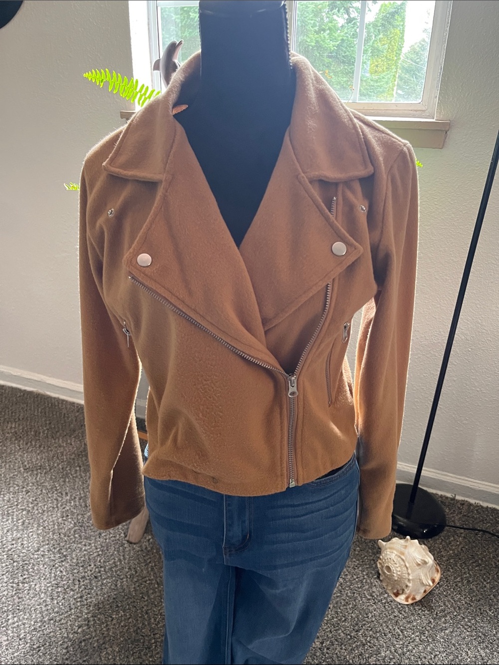 Women's Camel Fleece Moto Jacket - Classic Casual Layer
